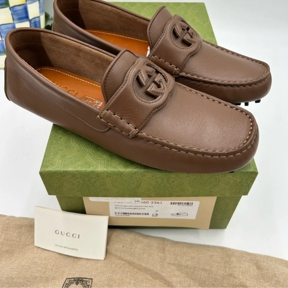 Men’s Gucci interlocking G leather driver loafers size 7 fits eight US